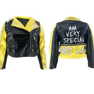 Black and Yellow Faux Leather Motorcycle Jacket with Studded Accents
